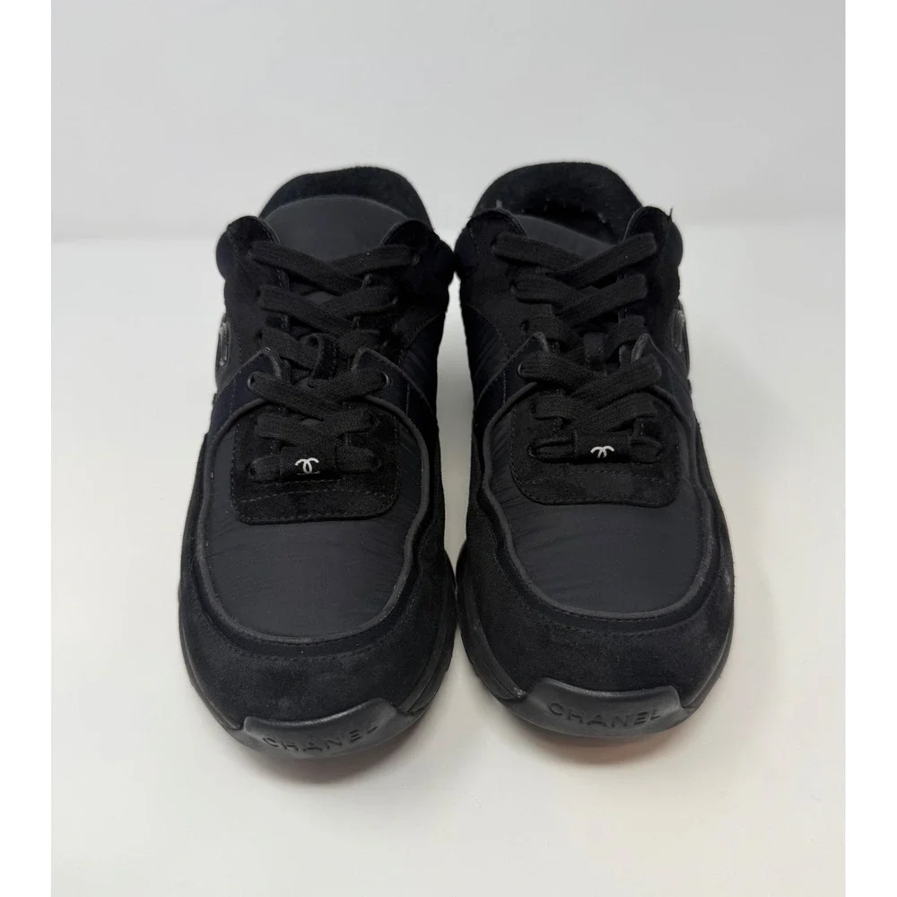 Chanel CC Triple Black Suede Trainer Sneaker Size 8 US 38 EU